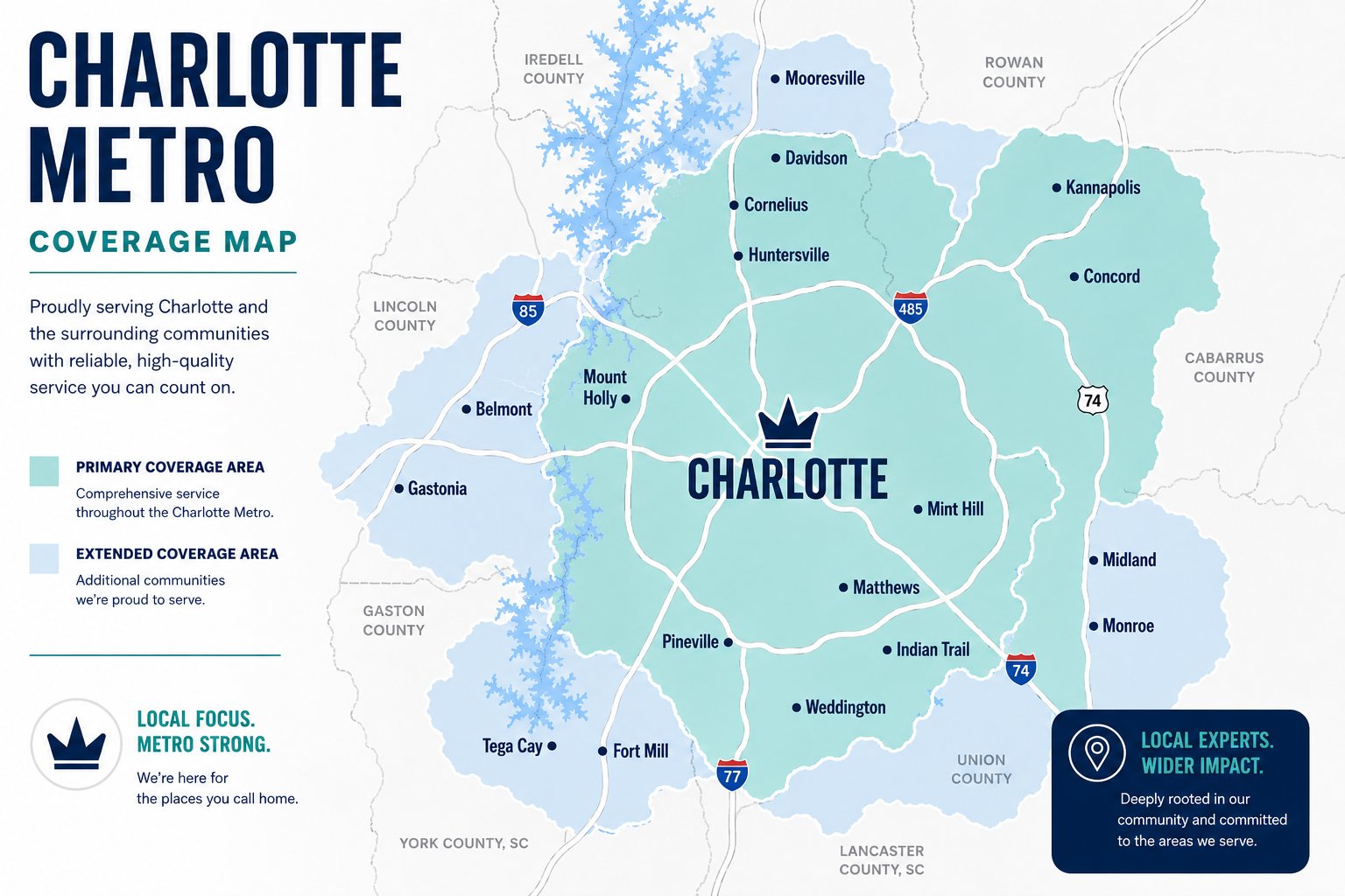 Charlotte Metro service area map showing Tenant Turnover's primary coverage area around Charlotte and the extended coverage area, including Huntersville, Cornelius, Davidson, Mooresville, Concord, Kannapolis, Matthews, Mint Hill, Indian Trail, Monroe, Pineville, Fort Mill, Tega Cay, Belmont, and Gastonia.